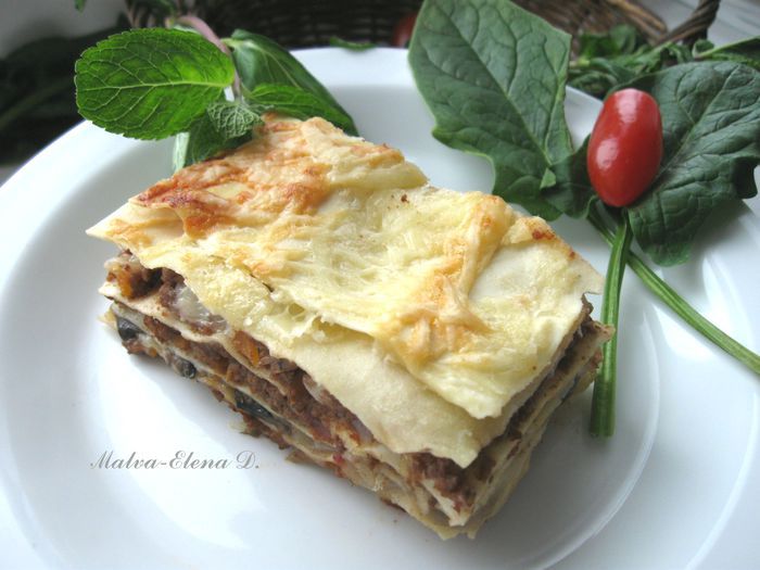 Лазанья с рагу болоньезе (ragù alla bolognese), грибами и моцареллой