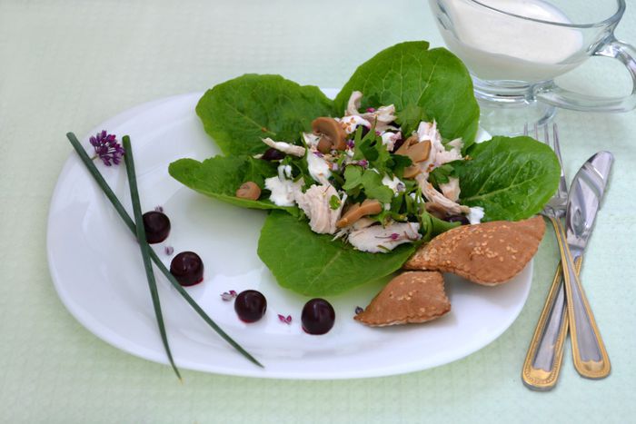 Салат с курицей и вишней под йогуртным соусом